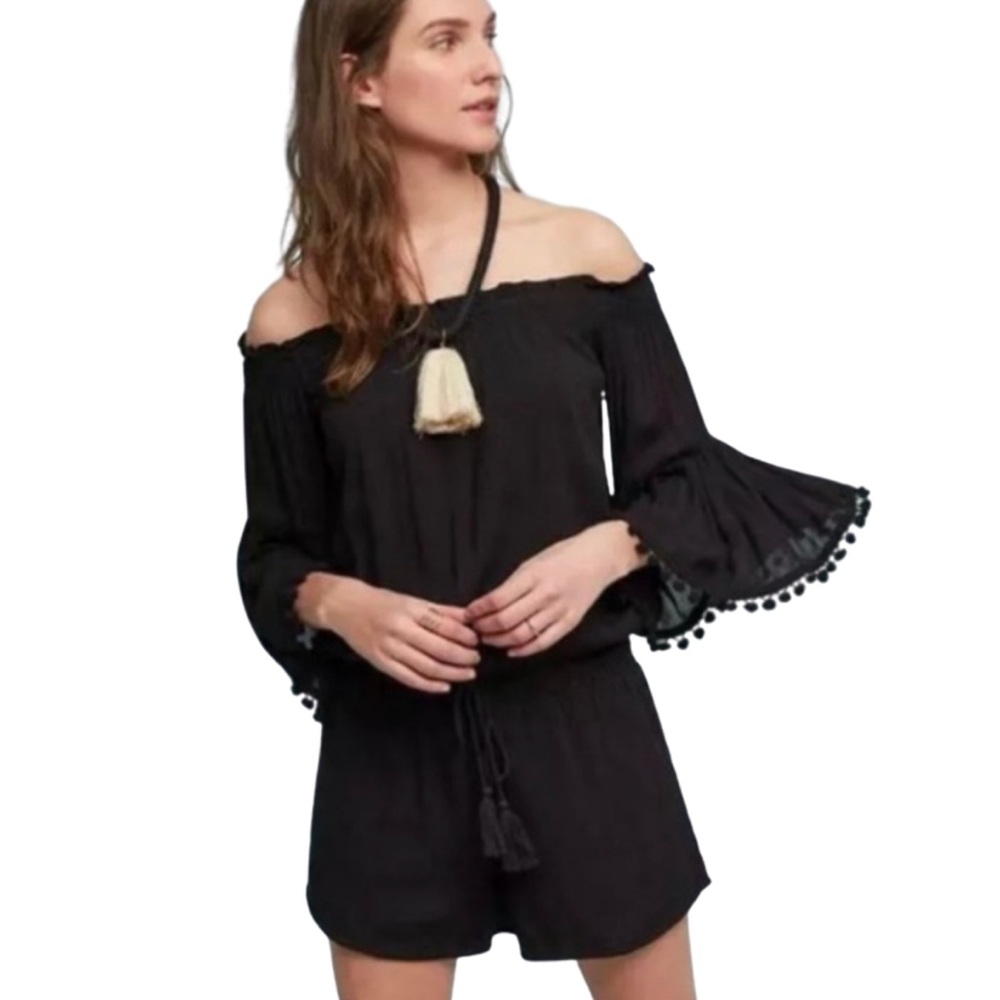 Anthropologie Lilka Pom Pom Romper, Black, Size Medium